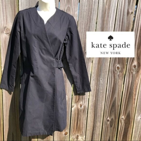 Kate Spade NWT Small Saturday Rain Trench Coat Jacket Black Wrap Top Long Sleeve - Picture 1 of 11